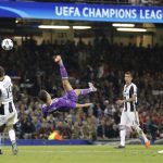 Real Madrid's Cristiano Ronaldo connects with an overhead kick during the Champions League final soccer match between Juventus and Real Madrid at the Millennium stadium in Cardiff, Wales Saturday June 3, 2017. (AP Photo/Dave Thompson)