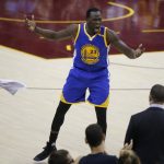 Golden State Warriors forward Draymond Green (23) reacts to a foul call during the first half of Game 4 of the basketball team's NBA Finals against the Cleveland Cavaliers in Cleveland, Friday, June 9, 2017. (AP Photo/Ron Schwane)