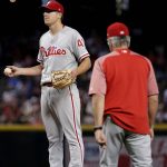Philadelphia Phillies starting pitcher Nick Pivetta is pulled from the game by manager Pete Mackanin during the third inning of a baseball game against the Arizona Diamondbacks, Monday, June 26, 2017, in Phoenix. (AP Photo/Matt York)
