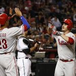 Philadelphia Phillies' Tommy Joseph, right, celebrates his two-run home run against the Arizona Diamondbacks with Aaron Altherr (23) during the ninth inning of a baseball game Friday, June 23, 2017, in Phoenix. The Phillies won 6-1. (AP Photo/Ross D. Franklin)