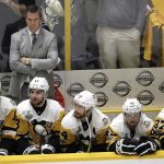 Pittsburgh Penguins head coach Mike Sullivan watches along with his players during the final minutes of the third period in Game 4 of the NHL hockey Stanley Cup Finals against the Nashville Predators Monday, June 5, 2017, in Nashville, Tenn. The Predators won 4-1 to tie the series 2-2. (AP Photo/Mark Humphrey)