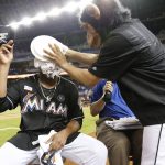 Wearing a monkey mask, Miami Marlins' Miguel Rojas hits starting pitcher Edinson Volquez with a cream pie during an interview after Volquez threw a no-hitter as the Marlins defeated the Arizona Diamondbacks 3-0 during a baseball game, Saturday, June 3, 2017, in Miami. (AP Photo/Wilfredo Lee)