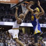Golden State Warriors center JaVale McGee (1) blocks a shot by Cleveland Cavaliers forward Richard Jefferson (24) during the first half of Game 4 in basketball's NBA Finals in Cleveland, Friday, June 9, 2017. (AP Photo/Tony Dejak)