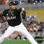 Miami Marlins' Edinson Volquez delivers a pitch during the first inning of a baseball game against the Arizona Diamondbacks, Saturday, June 3, 2017, in Miami. (AP Photo/Wilfredo Lee)