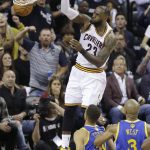 Cleveland Cavaliers forward LeBron James (23) dunks against the Golden State Warriors during the first half of Game 4 of basketball's NBA Finals in Cleveland, Friday, June 9, 2017. (AP Photo/Tony Dejak)
