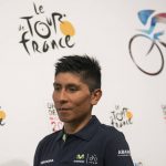 Colombian racing cyclist Nairo Quintana attends a Moviestar team press conference in Duesseldorf, Germany, Friday, June 30, 2017. The first stage of the Tour de France cycling race will start in Duesseldorf on Saturday, July 1, 2017.  (Bernd Thissen/dpa via AP)