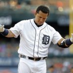 Detroit Tigers' Miguel Cabrera (24) reacts to striking out against the Arizona Diamondbacks pitcher Zack Greinke in the first inning of a baseball game in Detroit, Tuesday, June 13, 2017. (AP Photo/Paul Sancya)