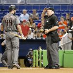 Arizona Diamondbacks' Paul Goldschmidt (44) argues a call with home plate umpire Bill Miller after striking out during the first inning of a baseball game against the Miami Marlins, Saturday, June 3, 2017, in Miami. (AP Photo/Wilfredo Lee)