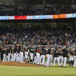 Miami Marlins players celebrate on the mound after pitcher Edinson Volquez threw a no-hitter as the Marlins defeated the Arizona Diamondbacks 3-0 in a baseball game, Saturday, June 3, 2017, in Miami. (AP Photo/Wilfredo Lee)