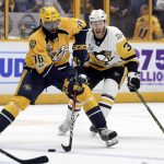 Nashville Predators defenseman P.K. Subban (76) brings the puck up the ice as Pittsburgh Penguins right wing Carter Rowney (37) defends during the first period in Game 4 of the NHL hockey Stanley Cup Finals Monday, June 5, 2017, in Nashville, Tenn. (AP Photo/Mark Humphrey)