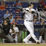 Miami Marlins' Christian Yelich watches his two-run home run during the first inning against the Arizona Diamondbacks in a baseball game, Friday, June 2, 2017, in Miami. At left is Miami catcher Chris Iannetta. (AP Photo/Lynne Sladky)
