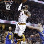 Cleveland Cavaliers forward LeBron James (23) shoots in front of Golden State Warriors center Zaza Pachulia, right, during the first half of Game 4 of basketball's NBA Finals in Cleveland, Friday, June 9, 2017. (AP Photo/Tony Dejak)