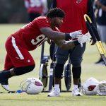 Arizona Cardinals defensive tackle Robert Nkemdiche runs a drill with other defensive linemen during an NFL football organized team activity, Thursday, June 1, 2017, at the team training facility in Tempe, Ariz. (AP Photo/Ross D. Franklin)