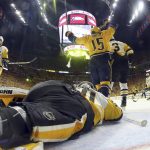 Nashville Predators right wing Craig Smith (15) reacts to a teammate's goal against Pittsburgh Penguins goalie Matt Murray (30) during the first period in Game 4 of the NHL hockey Stanley Cup Final Monday, June 5, 2017 in Nashville, Tenn. (Bruce Bennett/Pool Photo via AP)