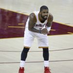 Cleveland Cavaliers guard Kyrie Irving reacts during play against the Golden State Warriors during the first half of Game 4 of basketball's NBA Finals in Cleveland, Friday, June 9, 2017. (AP Photo/Ron Schwane)