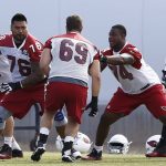Arizona Cardinals offensive linemen D.J. Humphries (74), Mike Iupati (76) and Cole Toner (61) help block Will Holden (69) while Tony Bergstrom (67) watches, as the offensive linemen run drills during an NFL football organized team activity, Thursday, June 1, 2017, at the team training facility in Tempe, Ariz. (AP Photo/Ross D. Franklin)