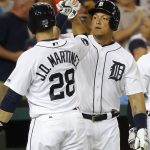 Detroit Tigers' J.D. Martinez (28) celebrates his two-run home run against the Arizona Diamondbacks with Miguel Cabrera in the sixth inning of a baseball game in Detroit, Tuesday, June 13, 2017. (AP Photo/Paul Sancya)