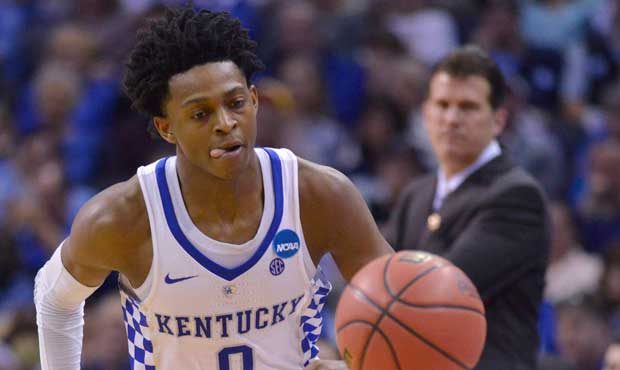 Kentucky guard De'Aaron Fox moves down court against UCLA in the second half of an NCAA college bas...