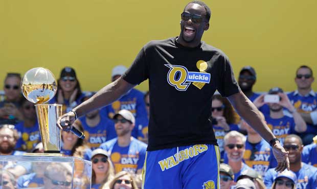 Draymond Green sings during the Golden State Warriors' NBA championship rally Thursday, June 15, 20...