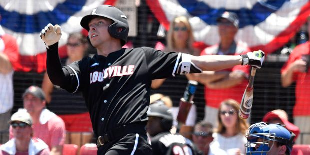Louisville's Drew Ellis (10) connects for a home run during the sixth inning of the NCAA college ba...