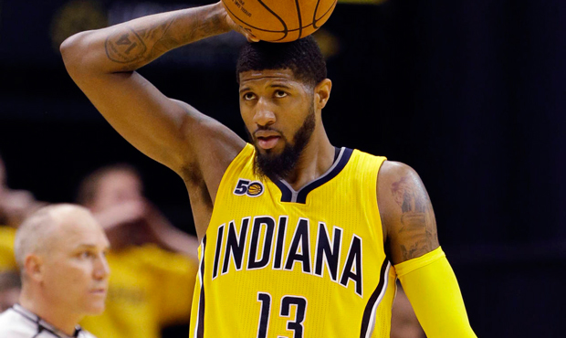 Indiana Pacers forward Paul George reacts as the Pacers lost the lead to the Cleveland Cavaliers du...