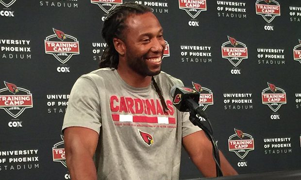 Larry Fitzgerald speaks after Arizona's second training camp practice Sunday. (Twitter photo/@mikej...