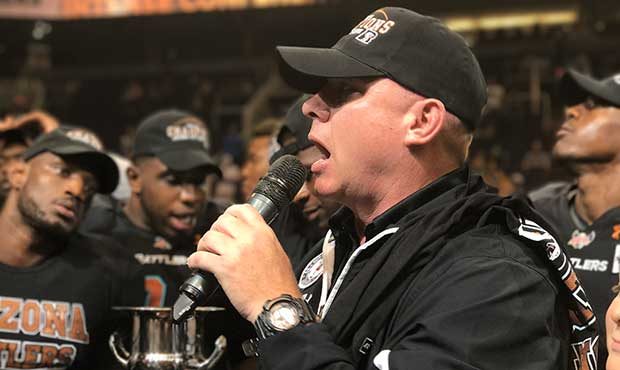 Arizona Rattlers head coach Kevin Guy addresses the crowd after his team won the Intense Conference...