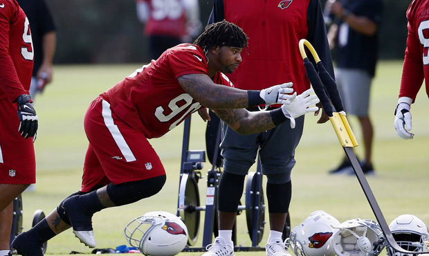 Arizona Cardinals defensive tackle Robert Nkemdiche runs a drill with other defensive linemen during an NFL football organized team activity, Thursday, June 1, 2017, at the team training facility in Tempe, Ariz. (AP Photo/Ross D. Franklin)