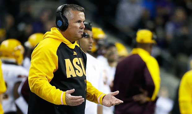 Arizona State head coach Todd Graham reacts on the sideline during the second half of an NCAA colle...