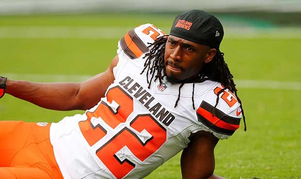 Cleveland Browns cornerback Tramon Williams stretches before an NFL football game against the Phila...