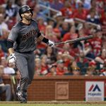 Arizona Diamondbacks' J.D. Martinez watches his grand slam during the fourth inning of the team's baseball game against the St. Louis Cardinals on Thursday, July 27, 2017, in St. Louis. (AP Photo/Jeff Roberson)