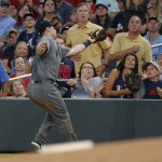 Arizona Diamondbacks first baseman Paul Goldschmidt (44) catches a foul ball off the bat of Atlanta Braves pitcher R.A. Dickey in the fifth inning of a baseball game Friday, July 14, 2017, in Atlanta. (AP Photo/John Bazemore)