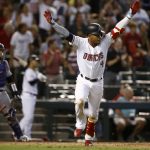 Arizona Diamondbacks' Ketel Marte (4) celebrates his walk off single against the Colorado Rockies as Rockies catcher Tony Wolters, left, looks on during the ninth inning of a baseball game, Sunday, July 2, 2017, in Phoenix. The Diamondbacks defeated the Rockies 4-3. (AP Photo/Ross D. Franklin)