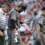 Arizona Diamondbacks manager Torey Lovullo, right, takes right fielder J.D. Martinez, center, out of the game after Martinez was struck while swinging at a pitch from Cincinnati Reds starting pitcher Tim Adleman in the fourth inning of a baseball game, Wednesday, July 19, 2017, in Cincinnati. (AP Photo/John Minchillo)