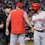 Cincinnati Reds manager Bryan Price argues with home plate umpire Brian O'Nora after O'Nora ejected Eugenio Suarez (7) from the game during the fifth inning of a baseball game against the Arizona Diamondbacks, Sunday, July 9, 2017, in Phoenix. (AP Photo/Matt York)