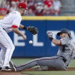 Arizona Diamondbacks' David Peralta, right, slides in safe at second against Cincinnati Reds shortstop Zack Cozart (2) on an RBI double off starting pitcher Tim Adleman in the third inning of a baseball game, Wednesday, July 19, 2017, in Cincinnati. (AP Photo/John Minchillo)
