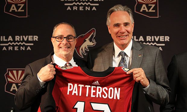 Arizona Coyotes president and CEO Steve Patterson is welcomed by owner Andrew Barroway in a press c...