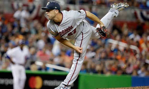 American League Minnesota Twins pitcher Brandon Kintzler (27), delivers a pitch, in the fifth innin...