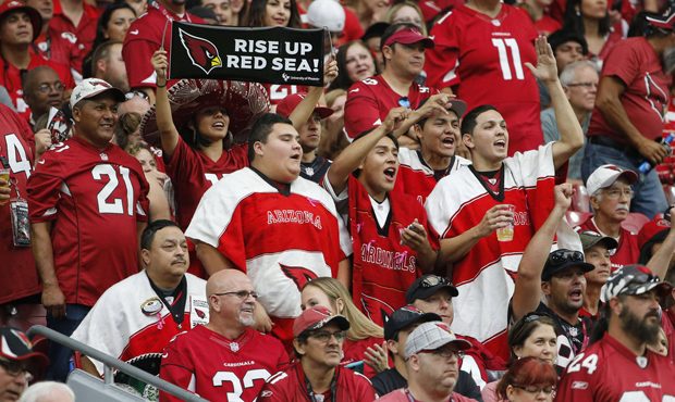 Arizona Cardinals fans cheer during the first half of an NFL football game against the San Francisc...