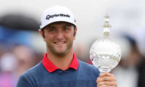 Spain's Jon Rahm poses with the trophy after winning the Irish Open golf tournament at Portstewart ...