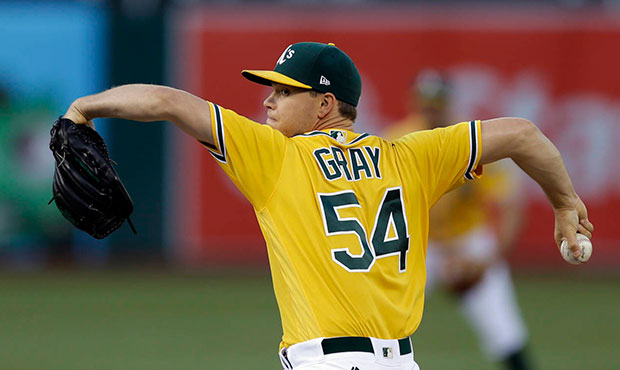 Oakland Athletics pitcher Sonny Gray works against the Houston Astros during the first inning of a ...