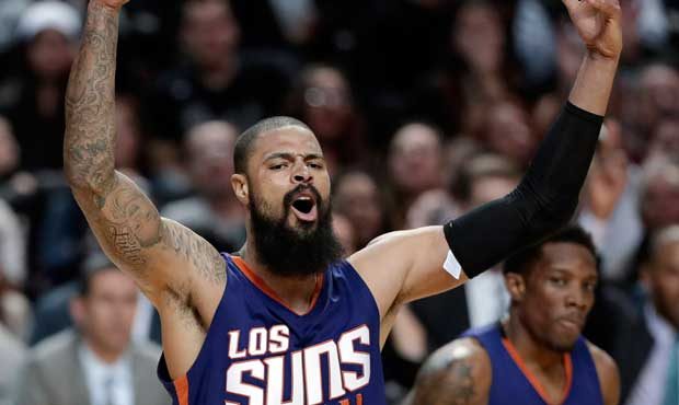 Phoenix Suns Tyson Chandler gestures during a game against the San Antonio Spurs, in the second hal...