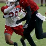 Receiver Jaron Brown is covered by defensive back Budda Baker during a training camp practice Aug. 1. (Photo by Adam Green/Arizona Sports)