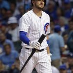 Chicago Cubs' Kris Bryant reacts after striking out swinging during the first inning of a baseball game against the Arizona Diamondbacks, Thursday, Aug. 3, 2017, in Chicago. (AP Photo/Nam Y. Huh)