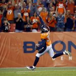 Denver Broncos defensive back Dymonte Thomas (35) celebrates as he scores a touchdown against the Arizona Cardinals during the first half of an NFL preseason football game, Thursday, Aug. 31, 2017, in Denver. Thomas intercepted a pass for the touchdown. (AP Photo/Jack Dempsey)