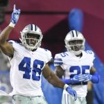 Dallas Cowboys linebacker Kennan Gilchrist (48) and safety Xavier Woods celebrate after a missed field goal by the Arizona Cardinals during the second half of the Pro Football Hall of Fame NFL preseason game in Canton, Ohio, Thursday, Aug. 3, 2017. Dallas won 20-18. (AP Photo/David Richard)