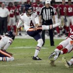 Chicago Bears kicker Connor Barth (4) kicks a field goal as punter Pat O'Donnell (16) holds against the Arizona Cardinals during the first half of a preseason NFL football game, Saturday, Aug. 19, 2017, in Glendale, Ariz. (AP Photo/Ralph Freso)