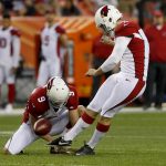 Arizona Cardinals kicker Matt Wile (6) misses a field goal attempt as punter Richie Leone (9) holds during the first half of an NFL preseason football game against the Denver Broncos, Thursday, Aug. 31, 2017, in Denver. (AP Photo/Jack Dempsey)
