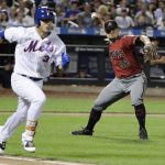 Arizona Diamondbacks' Zack Godley (52) throws out New York Mets' Michael Conforto at first base during the third inning of a baseball game Wednesday, Aug. 23, 2017, in New York. (AP Photo/Frank Franklin II)