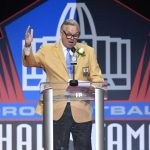 Former NFL player Morten Andersen delivers his speech during an induction ceremony at the Pro Football Hall of Fame, Saturday, Aug. 5, 2017, in Canton, Ohio. (AP Photo/David Richard)